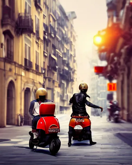 Prompt: moped scooter racing on the street, by etienne dinet, high details, 4 k, golden composition, artstation cgsociety