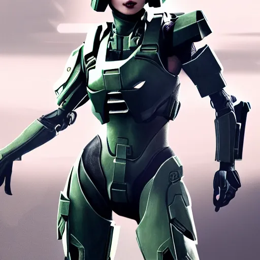 Image similar to A combination of Ada Wong's and Grace Kelly's and Ashley Greene's appearances with blonde hair wearing Master Chief's armor from Halo, high tech, action shot, angular, full body portrait, futuristic, dramatic, fantasy, intricate, elegant, highly detailed, digital painting, artstation, concept art, matte, sharp focus, illustration, 8K, art by Donato Giancola and James Gurney