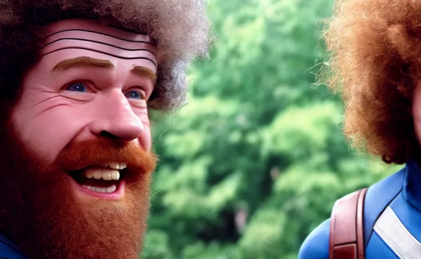 Prompt: cinestill 5 0 d candid photographic portrait by helen levitt of a smiling bob ross as captain america, modern, bright, emotional cinematic, on a green hill, 8 k, hd, high resolution, 3 5 mm, f / 3 2, ultra realistic faces, ex machina