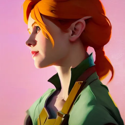 Image similar to portrait of a female Link from Triss Merigold medium shot, asymmetrical, profile picture, Organic Painting, sunny day, Matte Painting, bold shapes, hard edges, street art, trending on artstation, by Greg Manchess and Huang Guangjian and Loish and Gil Elvgren and Sachin Teng