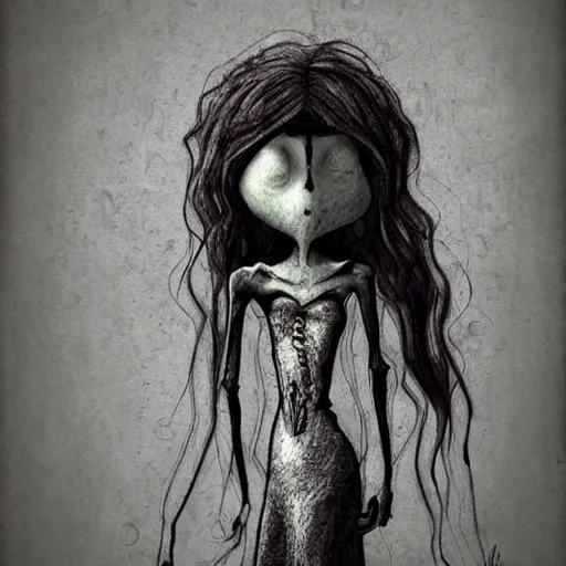 Image similar to grunge cartoon drawing of a plushie by - michael karcz , in the style of corpse bride, loony toons style, horror themed, detailed, elegant, intricate