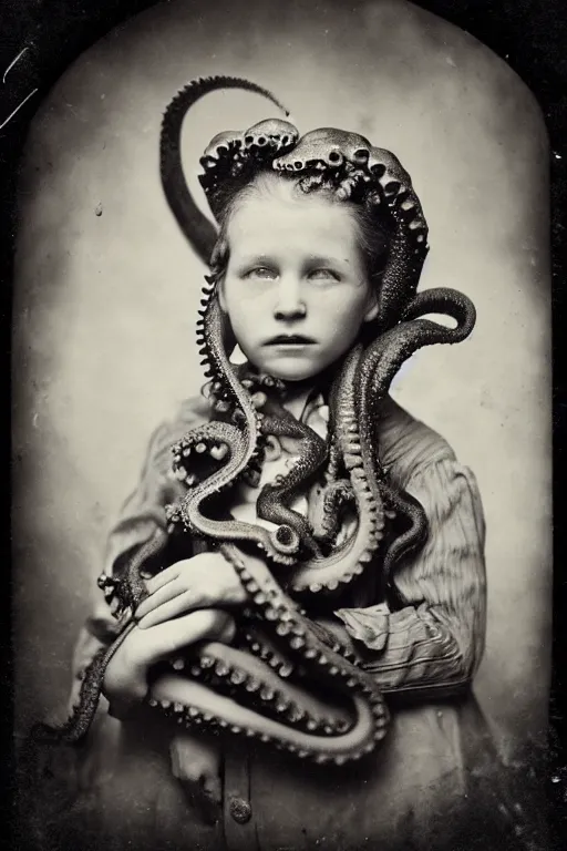 Image similar to wet plate photograph portrait of victorian octopus child with an octopus head, dressed in a victorian - era clothing, head is an octopus, dramatic lighting, highly detailed, smooth, sharp focus