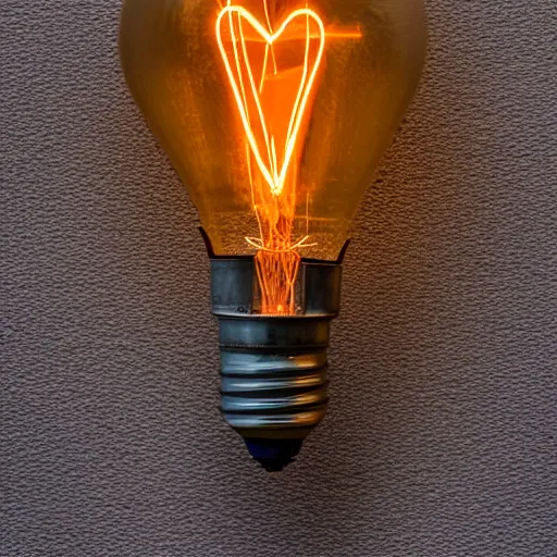 Prompt: edison bulb glowing with a heart-shaped filament, minimalist, ephemeral, stock photo, Sony a7R