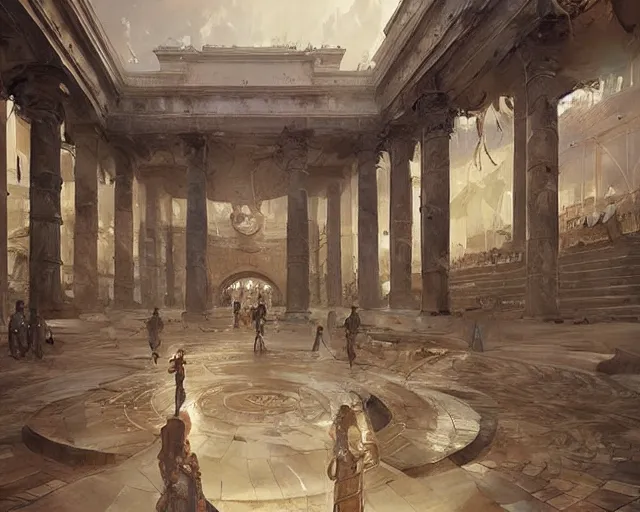 Prompt: a mall in the style of ancient imperial rome cities, art by greg rutkowski and artgerma, stunning concept art, interior design architecture