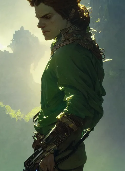 Prompt: the male emerald herald, intricate, cinematic lighting, highly detailed, digital painting, artstation, concept art, smooth, sharp focus, illustration, art by terry moore and greg rutkowski and alphonse mucha