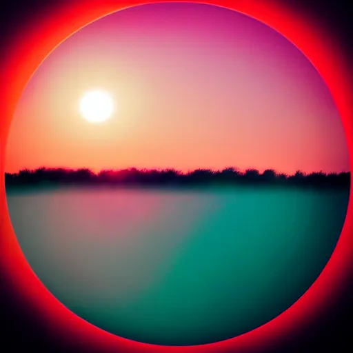 Image similar to round sun, redpink sunset, ethereal abstract, diffused, natural geographic photography, centered, symmetrical, iconic