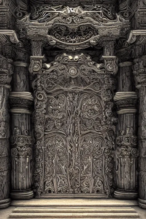 Image similar to ancient fantasy marble gate, neonpunk, mega structure, symmetric, intricate details, insanely detailed, insanely realistic, back lighting, 4 k, cinematic