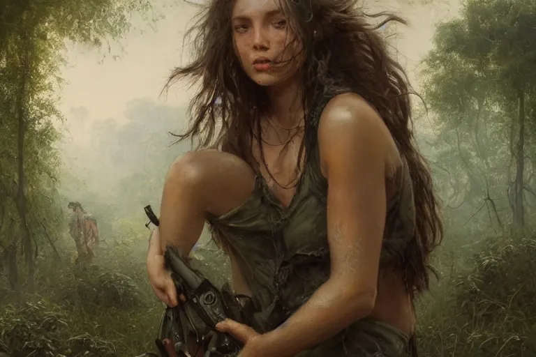 Image similar to artstation concept of a beautiful adventurous girl holding a machine pistol, sweaty skin, symmetrical face, high body detail, ripped up field fatigues, torn open shirt, jungle background with ruins, vines, hyperdetailed, artstation trending, world renowned artists, worth1000.com, cgsociety, by greg rutkowski, by Gustave Doré, by Marco Turini, by Artgerm, Deviantart in the style of Tom Bagshaw, Cedric Peyravernay, Peter Mohrbacher