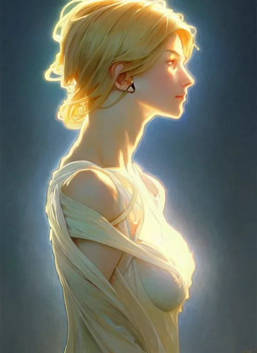 Prompt: digital character concept art by artgerm and greg rutkowski and alphonse mucha. clear portrait of a young wife blessed by god to uncontrollably become overwhelmingly perfect!! blonde, clothed! obviously feminine holy body!! light effect. hyper detailed, glowing lights!! intricate, elegant, digital painting, artstation, smooth, sharp focus