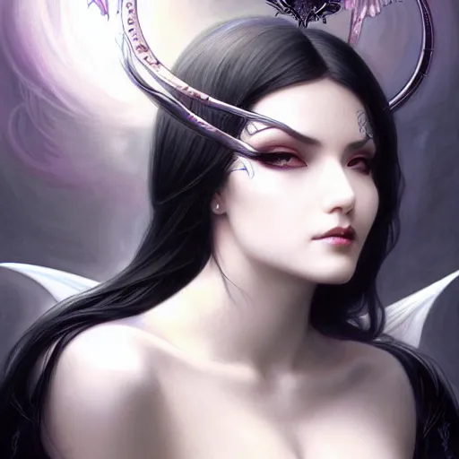 Image similar to Portrait of an Immortal Astral Succubus with platinum black hair as 2B, asian, D&D, fantasy, intricate, elegant, highly detailed, digital painting, artstation, concept art, matte, sharp focus, illustration, art by Artgerm and Greg Rutkowski and Alphonse Mucha