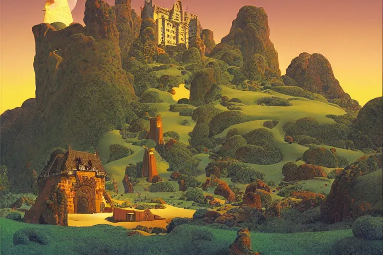 Prompt: a surreal fantasy landscape featuring a castle made of giant books, digital painting by maxfield parrish and michael whelan, photorealistic