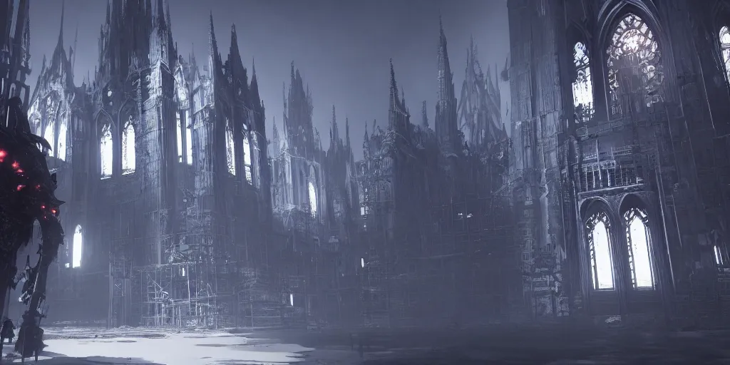 Image similar to grimdark tsutomu nihei aposimz gothic cathedral city, unreal engine, 8 k, ultra realistic, ultra detail