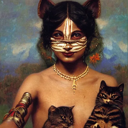 Prompt: detailed potrait 8 0 s srilankan girl with tatoos and cat woman mask in baroque painting, girl graceful,, painting by gaston bussiere, craig mullins, j. c. leyendecker, lights, art by ernst haeckel, john william godward, hammershøi,,