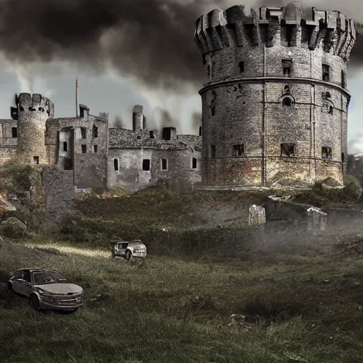 Image similar to crumbling old castle with legs moving towards a dense cityscape, smoke and sirens in the distance, digital art, hyperrealism