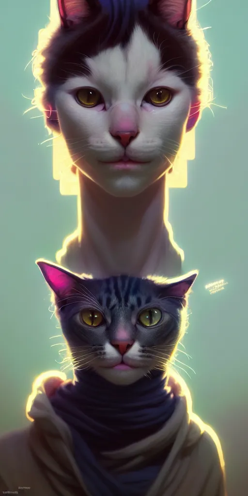 Image similar to portrait of humanoid cat, highly detailed vfx portrait, unreal engine, greg rutkowski, loish, rhads, beeple, makoto shinkai and lois van baarle, ilya kuvshinov, rossdraws, tom bagshaw, alphonse mucha, global illumination, detailed and intricate environment