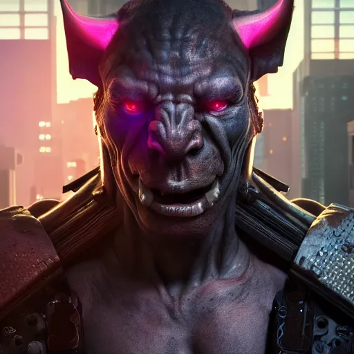 Image similar to hyper realistic cyberpunk orc, 8 k, photography, glowing lines, rule of thirds, ultra detailed.