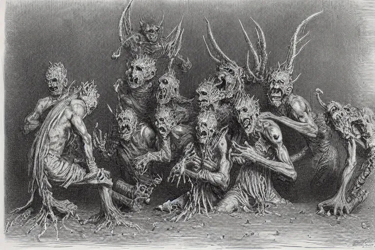 Image similar to demons eating cake, Gustave Dore lithography