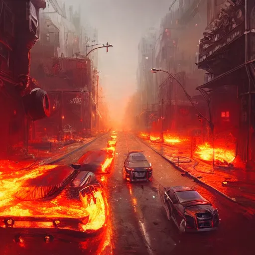 Image similar to apocalyptic city street, cars on fire highly detailed, illustration, fantasy art, in the style of greg rutkowski, epic, fantasy, intricate, hyper detailed, artstation, concept art, smooth, sharp focus, ray tracing