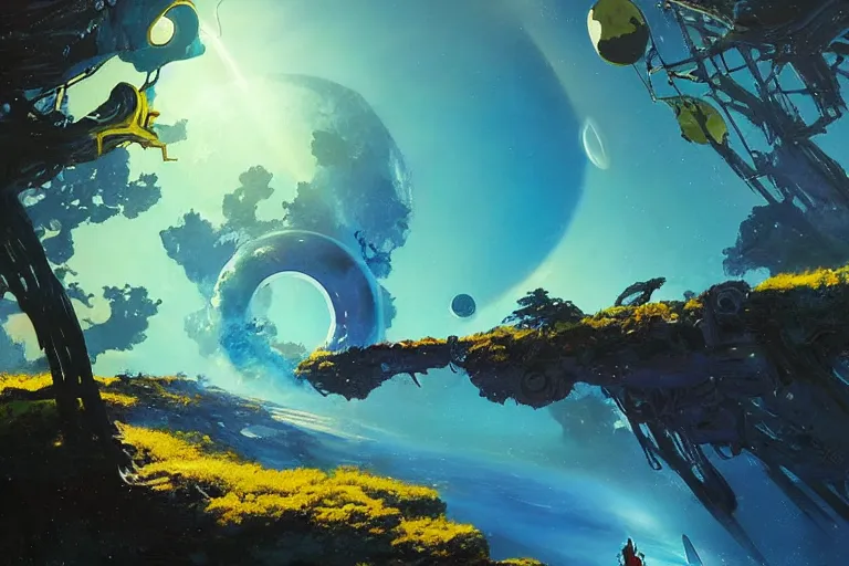 Prompt: a [ [ [ portal ]! to space ]!! opens up above earth ]!! reveals a beautiful alien world full of colorful vegetation, deep blue oceans, and a yellow sun shining down, sci - fi art, digital art, 3 d modeling, light painting, night scene, cosmic, illustrated by greg rutkowski