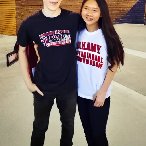 Prompt: Tom Holland wearing a Chapman University shirt with a Filipina college girl