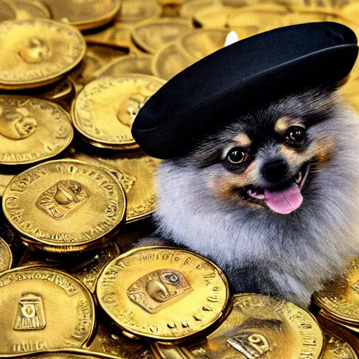 Image similar to A pomeranian wearing a top-hat, sitting on top of a large pile of gold coins