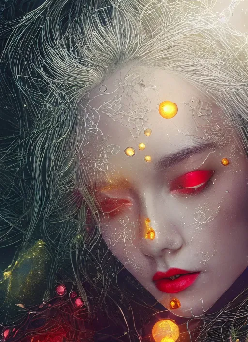 Prompt: glowing silver and golden elements, full close-up portrait, vector dark witch from unsplash, book cover, green forest, white moon, red lips, establishing shot, extremly high detail, photo-realistic, cinematic lighting, pen and ink, intricate line drawings, by Yoshitaka Amano, Ruan Jia, Kentaro Miura, Artgerm, post processed, concept art, artstation, matte painting, style by eddie mendoza, raphael lacoste, alex ross