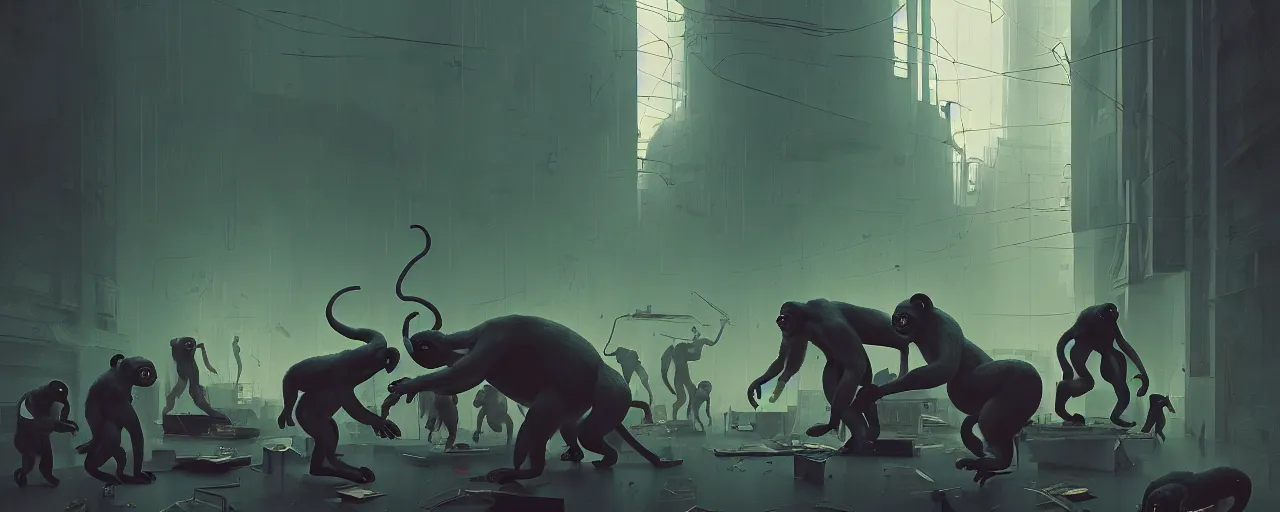 Prompt: duotone noir concept illustration of group wild and crazy apes ruining office rooms, octane render, concept hideo kojima surreal atmosphere, abandoned buildings volumentric lighting. cosmic horror. accidental renaissance. by sachin teng and sergey kolesov and ruan jia and heng z. graffiti art, scifi, fantasy, hyper detailed. trending on artstation