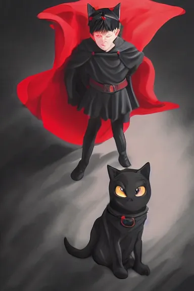 Image similar to little boy with cat ears in an black outfit with red cape. digital artwork made by lois van baarle and james jean and marc simonetti, sharpness focus, inspired by hirohiko araki, anatomically correct, heroic composition, hero pose, smooth