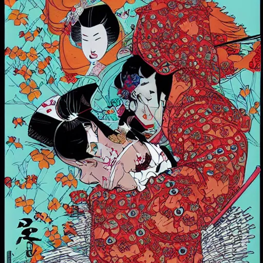 Prompt: a geisha with a kitsune mash by geof darrow,