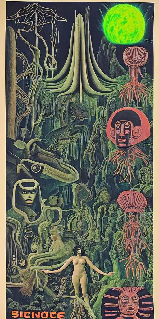 Image similar to 1968 science fiction movie poster, cut out collage, neon mayan, deep winter on Venus, epic theater, deep forest creatures, mountain plants, drawings in part by Diego Rivera, part by Ernst Haekl, text by William S Boroughs, written by Michael Ende