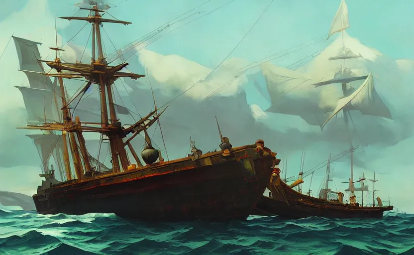Prompt: Old Pirate ship fighting on ocaen, very coherent, painted by Edward Hopper, Wayne Barlowe, painted by James Gilleard, airbrush, art by JamesJean