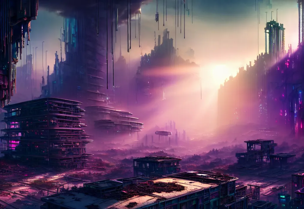 Image similar to A highly detailed crisp unreal engine render of wide view photo of A beautiful futuristic cyberpunk abandoned dystopia city building with futuristic bright lights, plants allover , godray, sunlight breaking through clouds, clouds, debris on the ground, abandoned machines bright happy colors, chaotic , nitid horizon, factory by wangchen-cg, 王琛,Neil blevins, artstation, Gediminas Pranckevicius