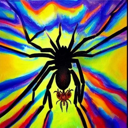 Prompt: an acrylic painting on canvas of a spider catching his next meal in his web, striking colors, masterpiece, spiderweb landscape, detailed