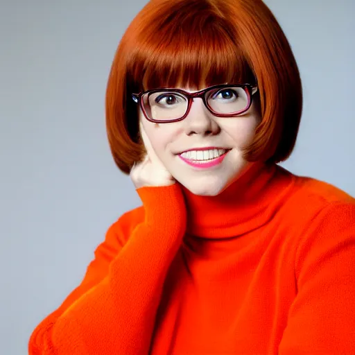 Image similar to Beautiful stunning Portrait face of Velma Dinkley Real Life Beautiful Portrait Scene of Velma Dinkley wearing her iconic orange sweater from Scooby Doo in court for falsely accusing someone of being a criminal by Greg Rutkowski. Velma is a teenage female, with chin-length auburn hair and freckles. She is wearing a baggy, thick turtlenecked orange sweater, with a red skirt, knee length orange socks and black Mary Jane shoes. by Mark Arian, soft render, octane, highly detailed painting, artstation