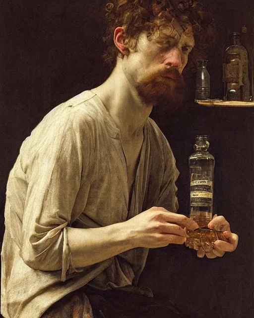 Prompt: an exhausted painter in his studio with a whiskey bottle by edgar maxence and caravaggio, intricate painting, hyper realistic, extremely detailed and beautiful aesthetic face, 8 k resolution