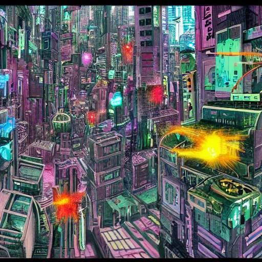 Prompt: cyberpunk city, in the style of roberto matta