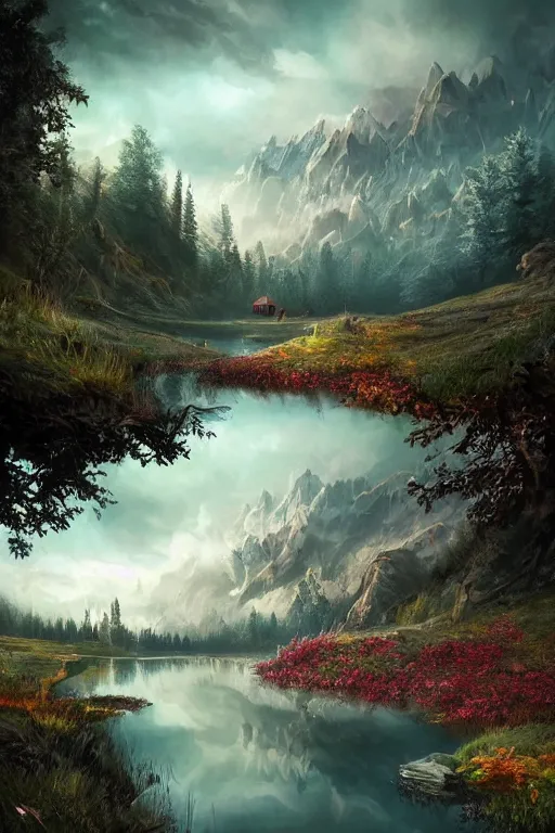 Image similar to beautiful matte painting style dark academia, street art fantasy path mountains and meadow in the background near a lake reflecting the trees, atmospheric lighting, painted, intricate, volumetric lighting, beautiful, rich deep colors masterpiece, sharp focus, ultra detailed by