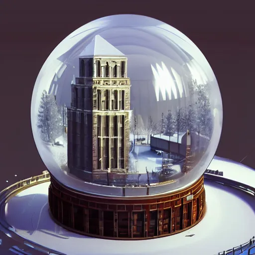 Image similar to a snow globe with a soviet building in it, a computer rendering by leandro erlich, trending on cgsociety, retrofuturism, tesseract, isometric, physically based rendering