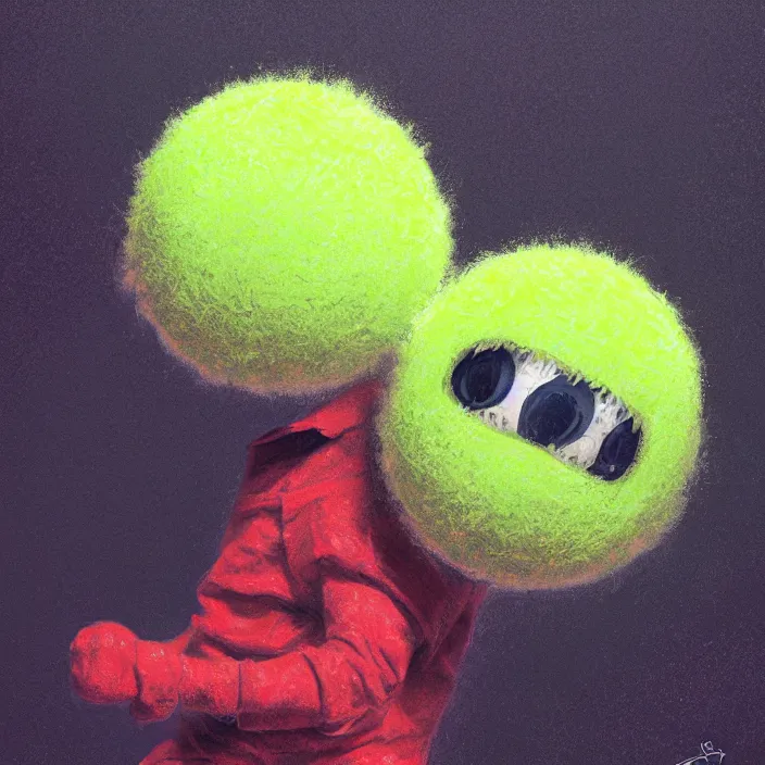 Image similar to cinematic portrait of a cute tennis ball monster in the abyss of space, chalk, masterpiece, trending on artstation, featured on pixiv, cinematic composition, dramatic pose, beautiful lighting, sharp details, hyper-detailed, HD, HDR, 4K, 8K, art by Basil Gogos