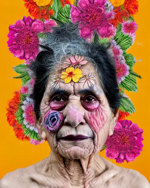 Image similar to a portrait of a beautiful fleshy old mexican woman who is surprised she is still alive, covered in flowers in the style of guiseppe arcimboldo and james jean, covered in wispy gray hair with a hint of neon, mixed media, hd, 3 d