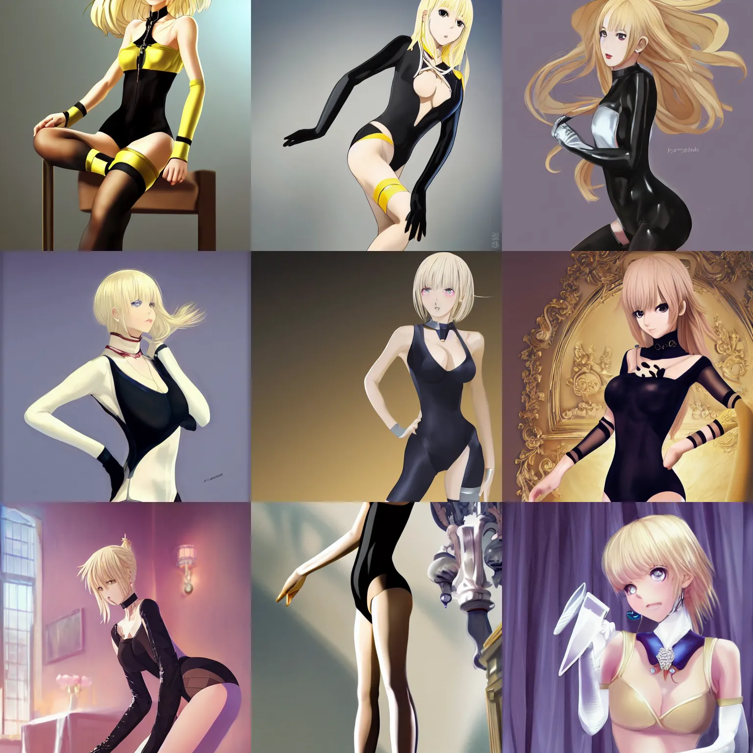 Prompt: Worksafe. Close-up, blonde girl posing in luxury palace hall, wearing leotard, jewelry, elbow gloves, choker, pantyhose tights, high heels. Anime style at Pixiv, by krenz cushart, extremely detailed, HD, high quality, perfect, sharp focus, soft volumetric studio lighting