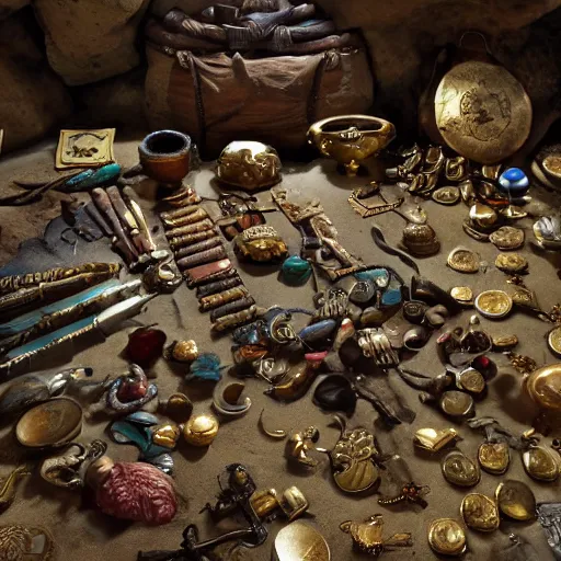 Image similar to a pirate's treasure hoard, hidden in a cave