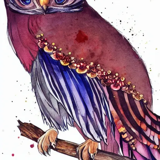 Prompt: a full body Portrait of a Royal Cat Owl, feathers of ruby and gold, Lorenz Stöer, #watercolor anime trending on artstation