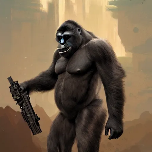 Image similar to detailed science - fiction character portrait of a gorilla with a gun, wild, highly detailed, digital painting, artstation, concept art, smooth, sharp focus, illustration, art by artgerm and greg rutkowski and alphonse mucha