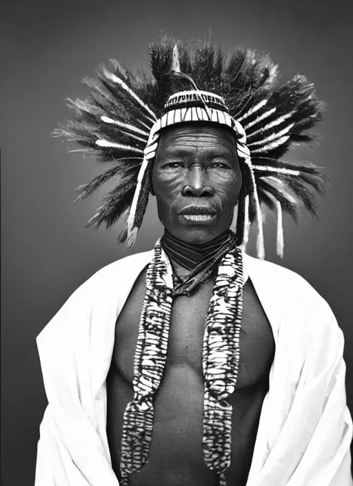 Prompt: analogue photo of an african chief wearing Japanese Haori & Hakama, african facial features, full body shot, 35mm, f/1.4, black & white, butterfly lighting, national geographic, photographed by Martha Cooper,