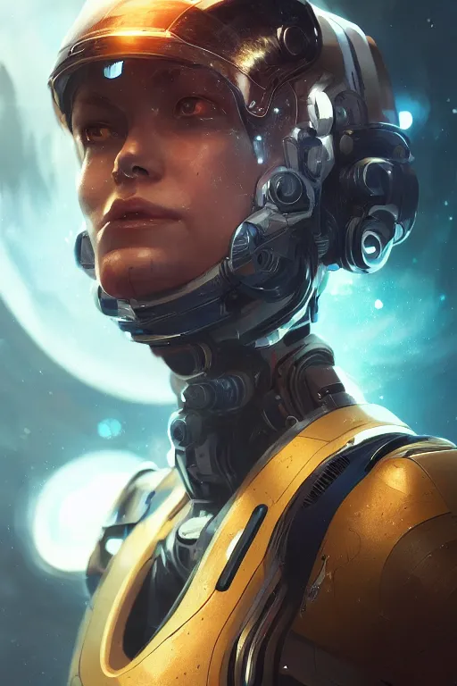 Image similar to portrait of a female space explorer, cyborg, stunning, sci-fi art, artstation, by greg rutkowski, wlop, cinematic lighting