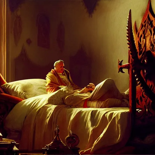 Image similar to the catholic pope in his bed, scared, because a horned demon is attacking the pope. highly detailed painting by gaston bussiere, greg rutkowski, craig mullins 8 k