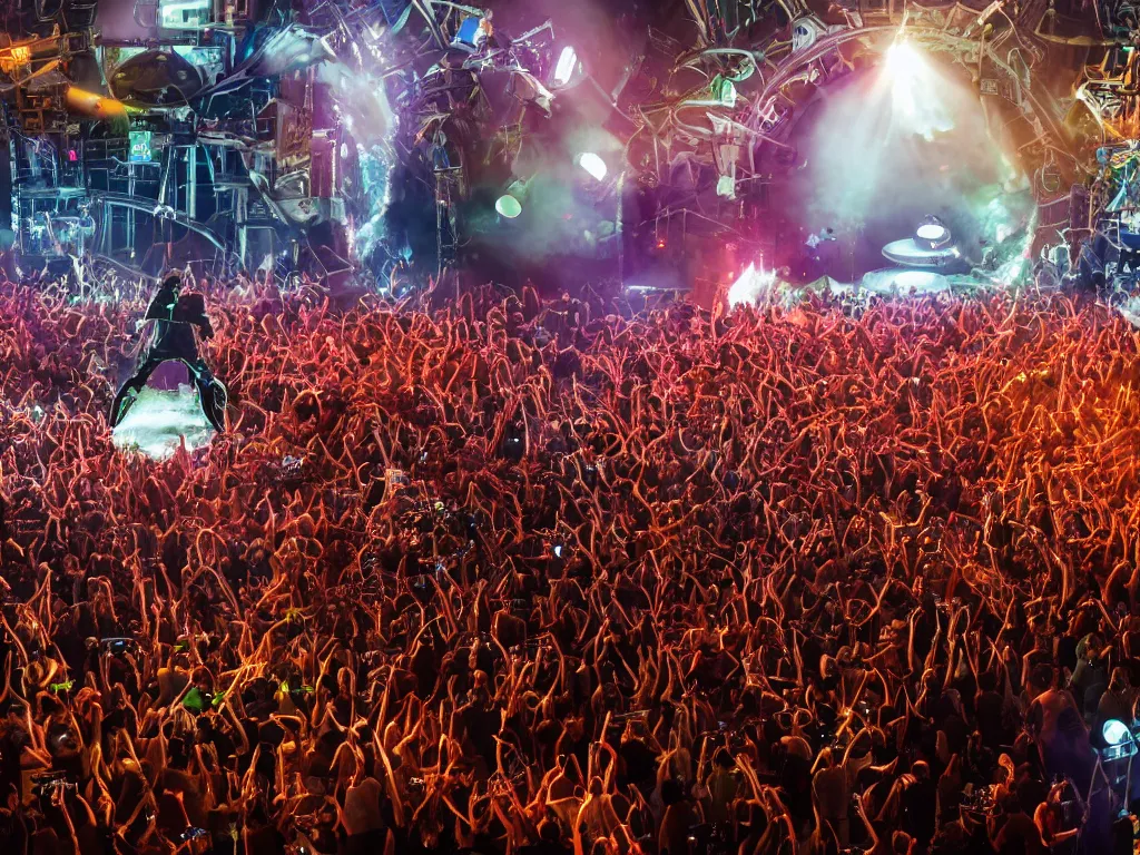 Prompt: a cyborg dj is playing a vast array of highly evolved and complex musical technology on a stage surrounded by an incredible and complex circular robotic structure playing highly evolved music overlooking a crowd at a forest festival lit by fire