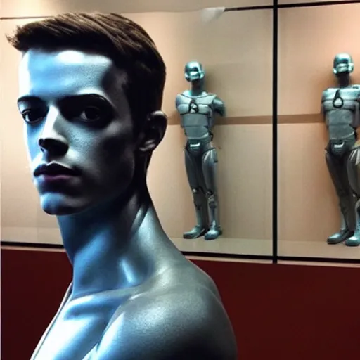 Image similar to “a realistic detailed photo of a guy who is an attractive humanoid who is half robot and half humanoid, who is a male android, actor Grant Gustin, shiny skin, posing like a statue, blank stare, at the museum, on display”