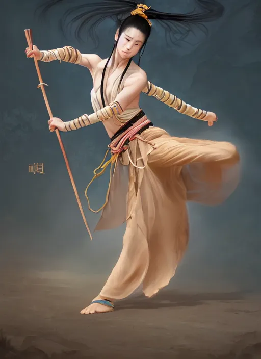 Image similar to a barefoot female dancer using a silk belt as weapon, wuxia, xianxia, barefoot, tanned skin, athletic, vivacious, absurdly beautiful, hanfu, fully clothed, chinese ribbon dance, silk belt, scorpion whip, detailed, anatomically accurate, fantasy illustration, in the style of wlop on artstation, wang liang.